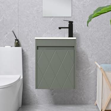 Imagem de USBATHJOY Conjunto de pia de banheiro de 40,6 cm para espaços pequenos, conjunto de armário de banheiro montado na parede com pia de pia de resina branca, torneira preta, ralo pop-up verde