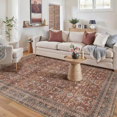 Imagem de HUGEAR Tapete de área 12 x 18 cm vintage tijolo vermelho lavável na máquina tapetes de sala de estar desgastado retrô floral aspirável tapete baixo quarto escritório sala de jantar lavanderia