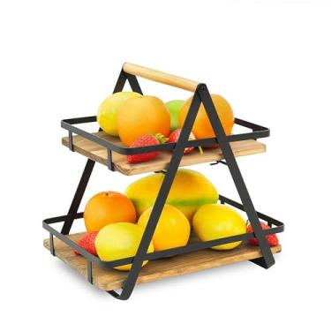 Imagem de TIEYIPIN Organizador De Cesta Metal 2 Camadas Para Bancada, Armazenamento E Exposição Na Cozinha - Estilo Fazenda Preto Com Alça Madeira