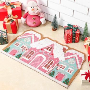 Imagem de Tinideya Capacho rosa de Natal para casa de gengibre 60 x 35 cm, pastel, Natal, bem-vindo, fofo, pão de gengibre, fibra artificial, tapetes de entrada antiderrapantes para decoração de casa de banho e