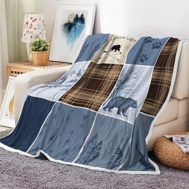 Imagem de Cobertor rústico com urso de cabana e veado pesado para sofá, acampamento de caça azul, bosque, casa de fazenda, xadrez, macio, aconchegante, cobertor de flanela de lã grossa para cama, escritório