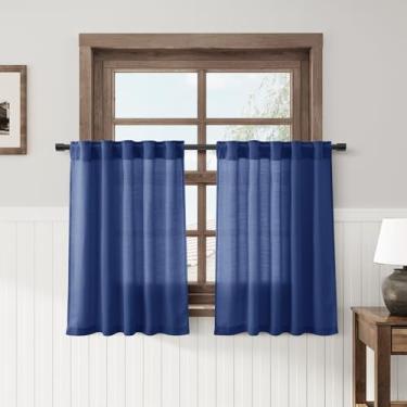 Imagem de Cortinas de linho modernas de cozinha, 91 cm de comprimento, pacote com 2, cortina de linho semitransparente, aba traseira, bolso para varão, cortinas curtas para janelas pequenas, café, banheiro