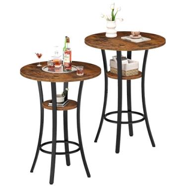 Imagem de CHOEZON Mesa de bar redonda, conjunto de 2 mesas de jantar pequenas de cozinha, mesa de jantar de 2 níveis de altura alta e bancada, para bistrô, pub, cozinha, sala de estar, marrom rústico e preto
