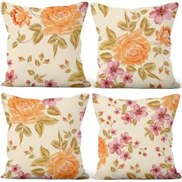 Imagem de Vie Savaran Conjunto de 4 capas de almofada de flores de primavera 50,8 cm x 50,8 cm, fronhas florais amarelas vintage para cadeira, sofá-cama, sala de estar, jardim, carro, interior, exterior, festa