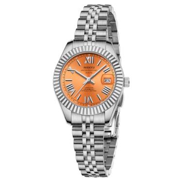 Imagem de NIBOSI Relógios femininos analógicos de quartzo à prova d'água com data, relógio de pulso delicado, moderno, de aço inoxidável, para pulsos pequenos, vestido feminino elegante, Prateado, laranja