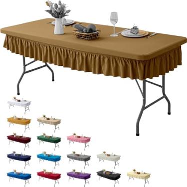 Imagem de RUOYU Toalha de mesa elástica de café de 2,4 m para mesas retangulares – design rodado, impermeável, resistente a rugas, lavável – ideal para casamentos, festas, banquetes e proteção de mesa
