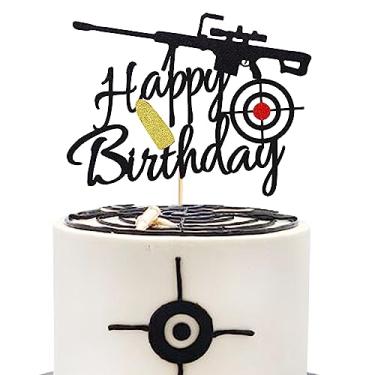 Imagem de Arthsdite Topo de bolo Gun Happy Birthday - Decoração de alvo de bala, material de festa com tema de tiro de pistola - Glitter preto