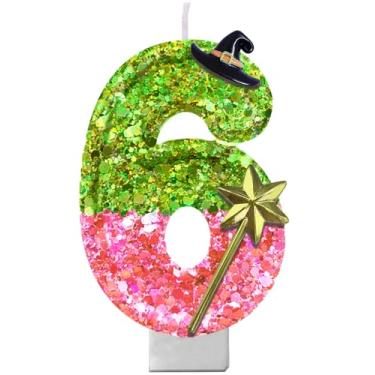 Imagem de Vela com número de aniversário com tema malvado – Vela de glitter rosa e verde com suporte para bolo | Decoração de festa mágica para meninas, adolescentes, fãs de teatro, amantes da Broadway