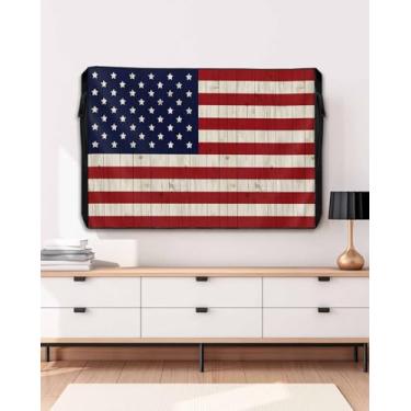 Imagem de Capa de TV ao ar livre com bandeira americana para tela plana externa, bandeiras patrióticas dos EUA em prancha de madeira, protetor de tela de TV externo à prova d'água 600D de espessura com zíper