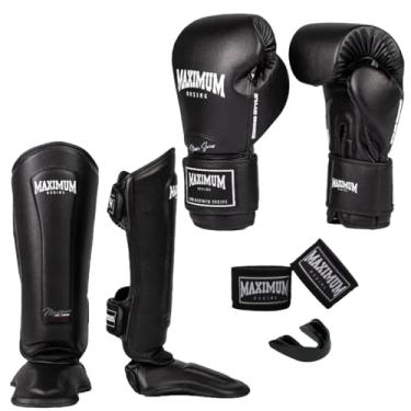 Imagem de Kit Luva de Boxe New Classic Preto + Caneleira Muay Thai Preto + Bandagem 3m + Protetor Bucal - Maximum (LUVA 16oz + CANELEIRA GG)