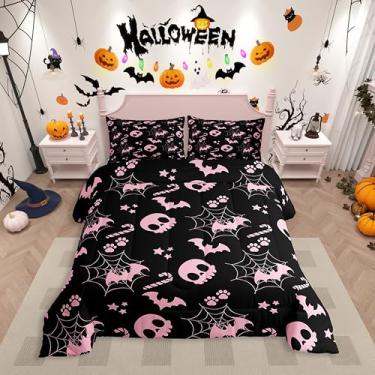 Imagem de Erosebridal Jogo de cama de Halloween rosa fofo tamanho casal teia de aranha crânio morcego assustador gótico gótico conjunto de cama de terror Halloween conjunto de edredom para crianças