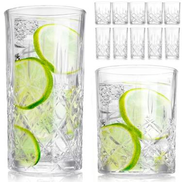 Imagem de LemonRoad Conjunto de 12 copos altos altos copos de cristal transparente elegante vintage texturizado 340 g 425 g copos para coquetel, chá, água, cerveja, refrigerante, bebidas suco, licor ou vinho