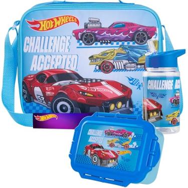 Imagem de Get Trend Hot Wheels Garrafa de água Lancheira Lancheira Conjunto infantil 3 peças Lancheira Isolada para Presentes de Viagem Escolar para Crianças (Blue Hot Wheels)