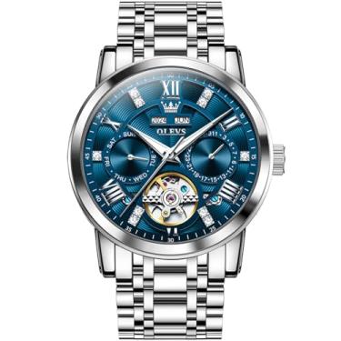 Imagem de Relógio masculino de luxo automático OLEVS, mecânico, azul/preto/branco/cinza com diamantes, turbilhão, à prova d'água, relógio de pulso executivo