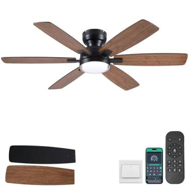 Imagem de Kviflon Ventiladores de teto de 132 cm com luzes, ventilador de teto de baixo perfil com luz e controle remoto/aplicativo, ventilador de teto de montagem embutida com 6 pás reversíveis, 3CCT regulável