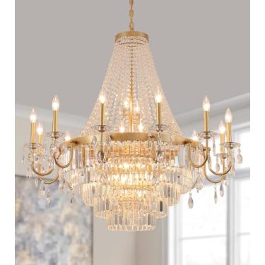 Imagem de MEIXISUE Lustre de cristal moderno dourado, lustres extragrandes para tetos altos 101,6 cm 24 luzes redondas grandes luminárias pendentes para hall de entrada, escada, sala de estar, restaurante