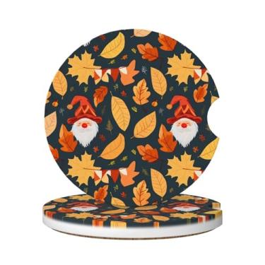 Imagem de Neukim Pacote com 2 porta-copos de carro de folha de gnomo de outono, porta-copos de 6 cm folhas rústicas antiderrapantes de cerâmica absorvente com base de cortiça e entalhe de dedo, acessórios de