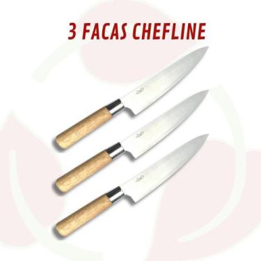 Imagem de Kit 3 Facas Churrasco Cabo Madeira Lâmina Aço Inox - ChefLine