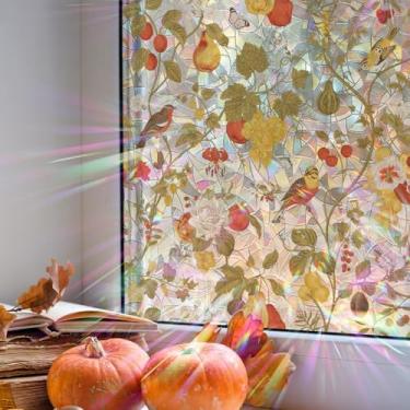 Imagem de Flortlias Película de privacidade para janela floral arco-íris outono apanhador de sol para janela, pássaros e frutas de outono, 100 x 43 cm