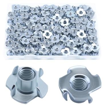 Imagem de 1/10.2 cm-20 T-Nuts, 100 peças de aço zincado resistente à corrosão, comprimento do barril de 5/40.6 cm, porca em T de 4 pontas para madeira, suportes de escalada, armários, móveis