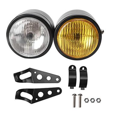 Imagem de Akozon Motocicleta Universal 8.5in Frente Frente Double Lâmpada de Farol Redonda, Farol de Motocicleta Esportiva Dupla Preta Adequada para Todas As Motos (Preto e branco + amarelo)
