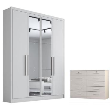 Imagem de Guarda Roupa Solteiro Sevilha Com Nicho E Espelho E Gaveteiro Milão Com Chave Neve - Novo Horizonte