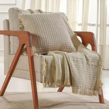 Imagem de Kit Manta e Capa de Almofada Decorativa para Sofá Waffle 100% Algodão 