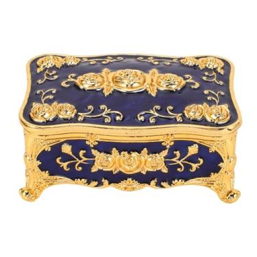 Imagem de Haofy Caixa de Organizador de Jóias Vintage Baú de Antiguidade Retro para Anéis Brincos Com Proteção Clássica de Gravuras Florais contra Arranhões de Poeira ótimos para Aniversários de (azul dourado)