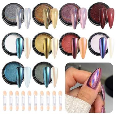 Imagem de Conjunto de 10 peças de pó de unha cromado, pó holográfico a laser de unicórnio, efeito de espelho camaleão iridescente, sereia, aurora, pigmento com glitter, poeira para salão de beleza, decoração de