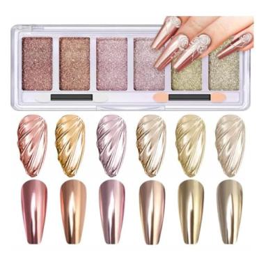 Imagem de COOSLIM Pó de unha cromado prateado dourado, 6 cores, holográfico iridescente, pó cromado para unhas, efeito espelhado metálico, dourado, champanhe, cromo, paleta de pigmentos, glitter para arte em