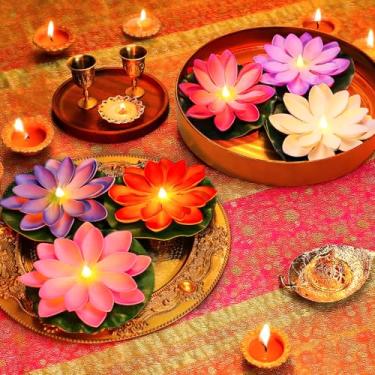 Imagem de 6 peças de decoração Diwali de 15 cm, luz de lótus – Diyas flutuante com sensor de água, flor de lótus artificial para casa, tigela de Urli, Mandir Pooja, decoração de festa indiana, presentes de