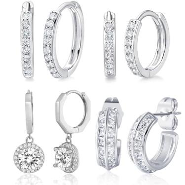 Imagem de MDFUN Conjunto de brincos de zircônia cúbica banhados a ouro branco 14K Hoops Huggie para mulheres, pacote com 2/5 pares, Latão, Zircônia cúbica