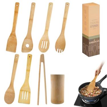 Imagem de Kit 8 Utensílios de Cozinha de Bambu, Ferramentas de Espátula Antiaderente com Alças, Conjunto de Espátula Resistente ao Calor, Utensílio de Cozinha Antiaderente, Barril de Armazenamento de Bambu