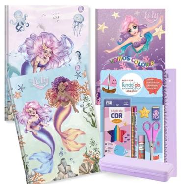 Imagem de Caderno Brochura Capa Dura Sereia Fundo do Mar Kit 2un + Kit Escolar 2