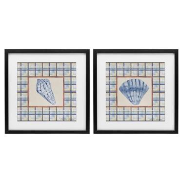 Imagem de Stupell Industries Conjunto de impressão emoldurada preta de 2 peças Sea Treasures Over Pattern Under Glass, design de Lee Ann Sanders, 40,6 x 40,6 cm