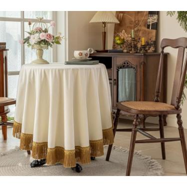 Imagem de F-CHU Toalha de mesa branca grossa de veludo com lindas borlas douradas, toalha de mesa vintage para decoração de casa, casamento, festa, banquete e eventos, redonda de 178 cm