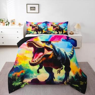Imagem de Conjunto de edredom de dinossauro, tamanho casal, selva, dinossauro, para crianças, meninos, meninas, estampa de dinossauro, respirável, macio, leve, microfibra, animal selvagem, decoração de quarto
