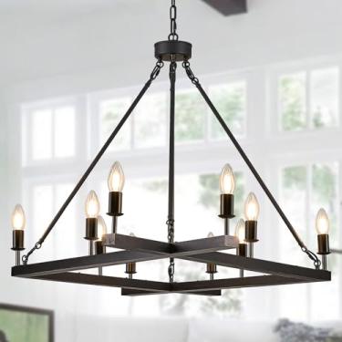 Imagem de Poemoon L53'' Lustre De Madeira Estilo Fazenda Preto, Rústico, 10 Luzes, Quadrado, Luminária De Vela, Longo, Pendente De Teto, Para Sala De Estar, Sala De Jantar, Hall De Entrada, Cozinha, Quarto, T