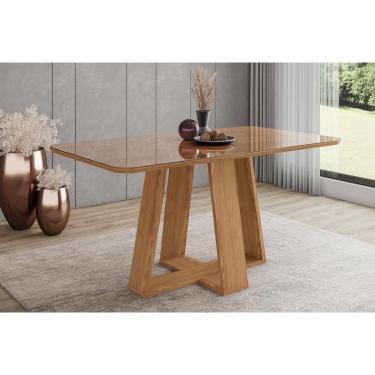 Imagem de Mesa p/ Cozinha Lins SC92 c/ Tampo Madeirado c/ Vidro Curvo 160x90cm Nature - Henn