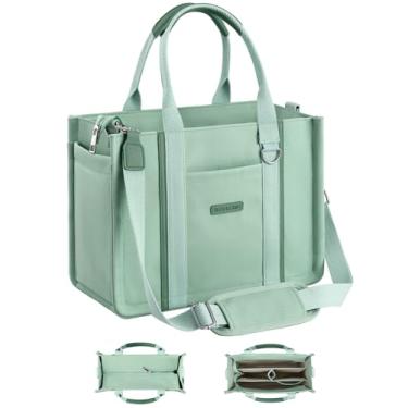 Imagem de BESBESME Bolsa feminina de lona com zíper e compartimentos – Bolsa tiracolo tiracolo com vários bolsos para laptop, Verde claro, Large, Organizador embutido
