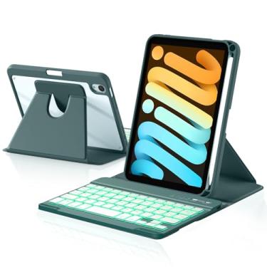 Imagem de Harvopu Capa com teclado para iPad mini 7 A17 Pro/6 geração 2024/2021 8,3 polegadas, capa traseira transparente giratória de 360° com teclado destacável retroiluminado de 7 cores, suporte de lápis