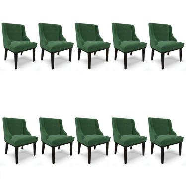 Imagem de Kit 10 Cadeiras Estofadas para Sala de Jantar Base Fixa de Madeira Preto Lia Veludo Verde - Ibiza