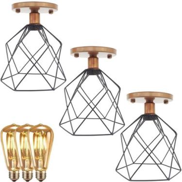 Imagem de 3 Lustre Teto Plafon + 3 Lâmpada Led St64 Industrial Aramado Cálice Re