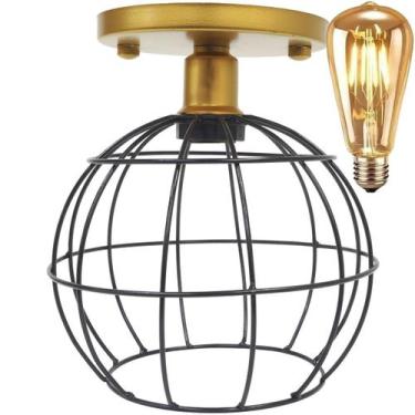 Imagem de Lustre Teto Plafon + Lâmpada Led Industrial Aramado Globo Preto Retrô 