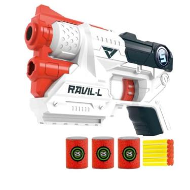 Imagem de Pistola Brinquedo Lança Dardos 9 Peças – Com 1 Pistola, 5 Dardos de Espuma Seguros e 3 Alvos em Formato de Latinha, Multicolorida