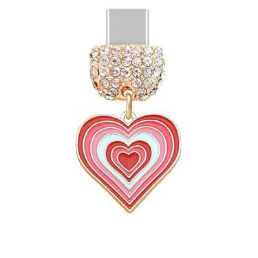 Imagem de ELISE & FONDA TP877 Tipo-C porta de carregamento cristal antipoeira pingente de celular Little Love Heart para iPhone 15/16/Samsung/OnePlus/Xiaomi/oppo telefones Android (vermelho)