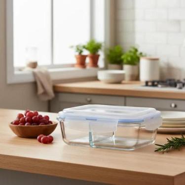 Imagem de Pote Retangular Hermético Vidro Marmita Microondas Fitness Marmitinhas