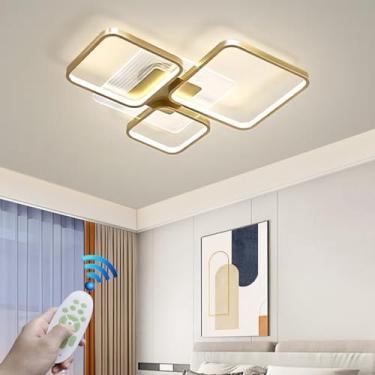 Imagem de Luminária de teto moderna grande de alumínio para ambientes internos com controle remoto LED regulável 131W lâmpada retangular dourada com controle remoto criativo quadrado 5 anel de luz ade