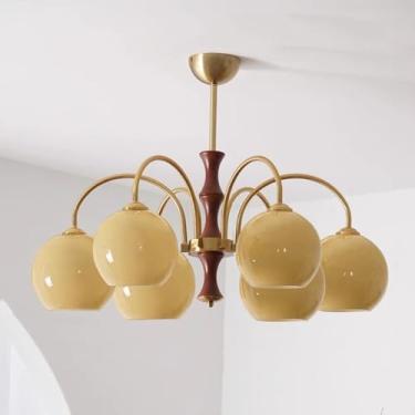 Imagem de Lustre de teto moderno de 6 luzes de meados do século, luminária pendente de vidro leitoso laranja vintage, lustre rústico de madeira de fazenda para hall de entrada, mesa de jantar, ilha de