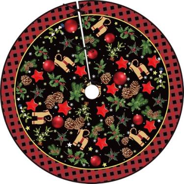 Imagem de Saia de árvore festiva, capa de árvore de Yule de 121 cm, com cones de abeto e decorações, tapete de base xadrez de búfalo para reuniões de capela, ornamentos de celebração de inverno
